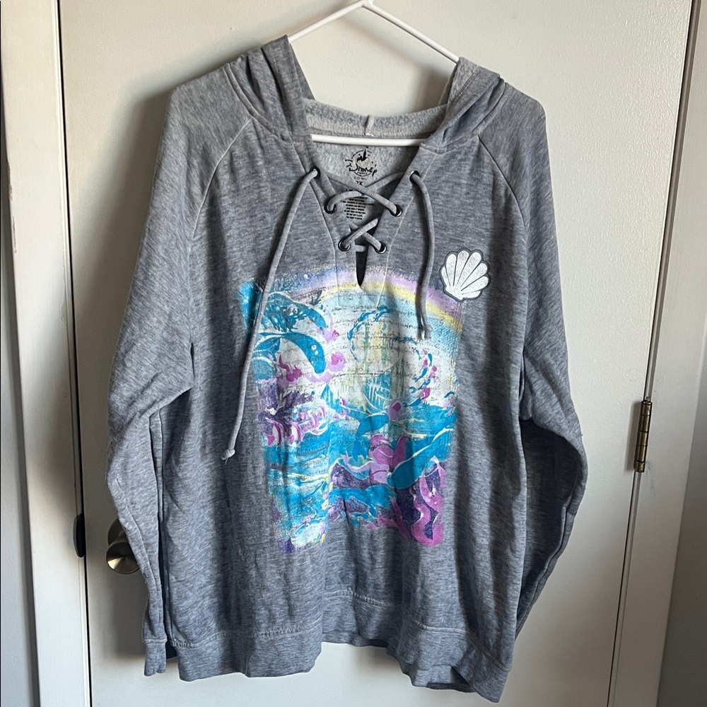 Women's Gray Little Mermaid Lace-Up Hoodie Sweatshirt with Ocean Graphic